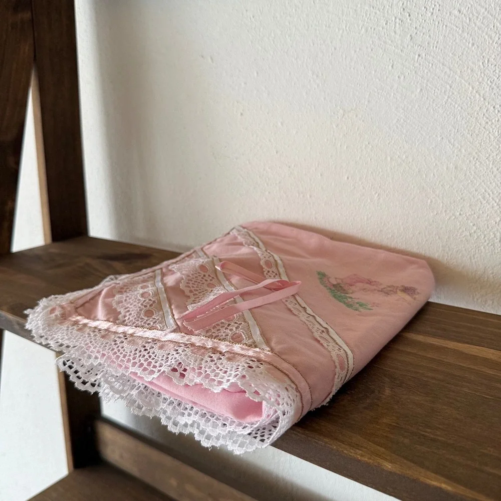 Vintage Pink Baby Blanket Lace Trim Girl Floral Bow 40x33
